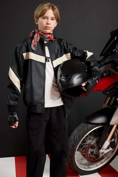 DeFacto C4322 Black Boys' Water Repellent College Collar Bomber Jacket