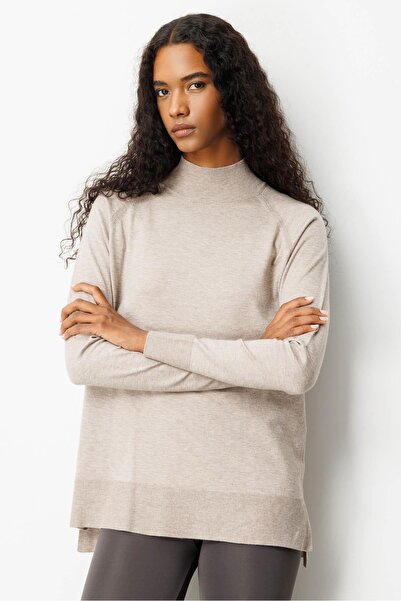 Desen Triko Women's Half Turtleneck Sweater with Slit Sleeves Mink