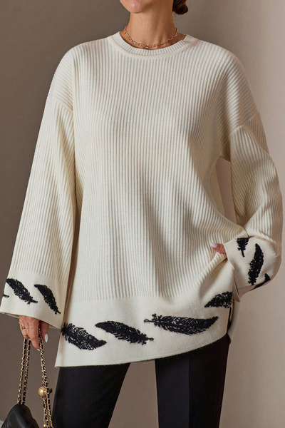 H&E LUXURY DESIGN Γυναικείο πουλόβερ από μαλακό πλεκτό εκρού μαύρο