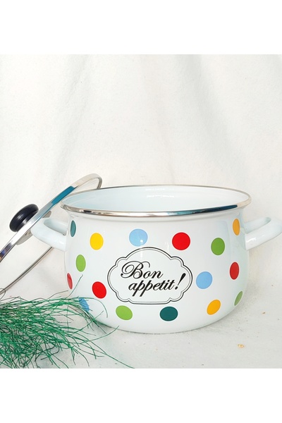 EBRULİEMAYE Polka Dot Bon Appetite Enamel Pot 4 Liters 22 cm Diameter