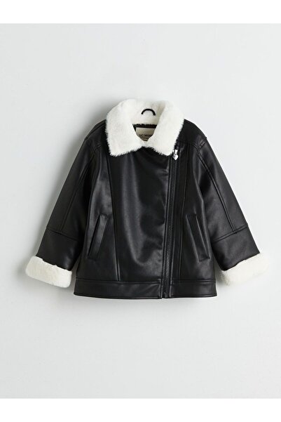 LC Waikiki Lcw Kids Leather-Look Girls' Coat with Fur Collar