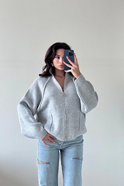 Eka Cardigan oversize gri cu fermoar pentru femei 1014-2381