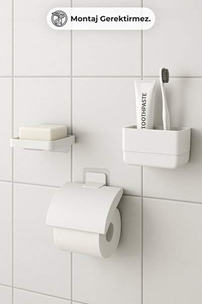 Prima Nova Moliette Yapışkanlı 3'lü Banyo Aksesuar Seti - Beyaz