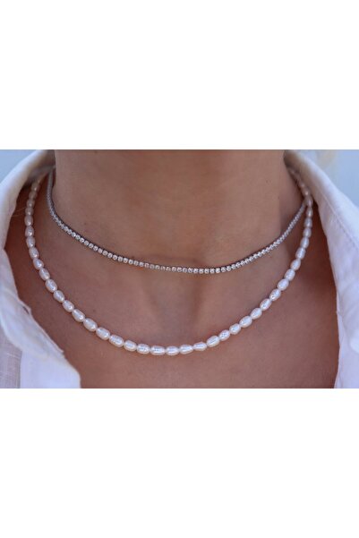 ohmygod jewelry 925 Argint Colier dublu din argint 925 cu perle de cultură și lanț tenis - Colier Jakie