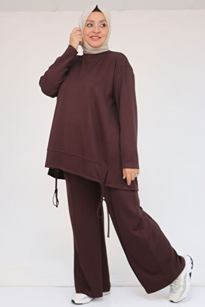 Eslina 57050 Costum cu pantaloni din modal cu tivă cu volană - maro