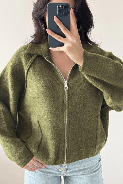 Eka Kadın Haki Fermuarlı Oversize Hırka 1014-2381