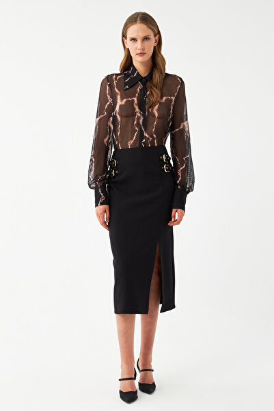 NAGRADA Siyah Yüksek Bel Yırtmaç Detaylı Tokalı Kalem Etek – Kadın Şık Ofis v...