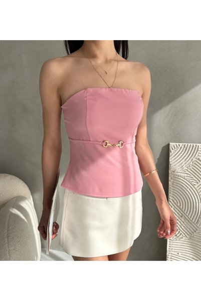 Generic Brand Strapless Crepe Blouse with Buckle Detail at Waist