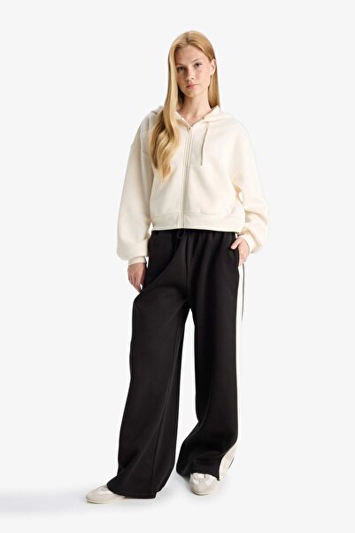 DeFacto Z7069 White Coool Cropped Fit Hooded Thick Zippered Sweatshirt