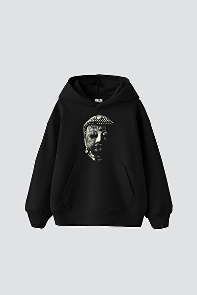 Bak Moda Hanorac negru oversize unisex cu imprimeu Buddha