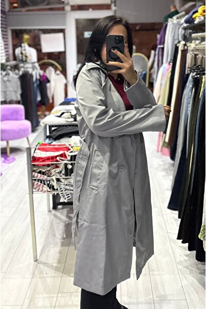 TRENDBUTİK Trençkot Kruvaze Yaka Astarlı Düğme Kapama ve Belden Kemerli