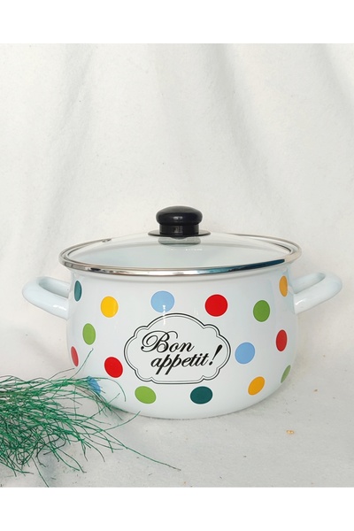 EBRULİEMAYE Polka Dot Bon Appetite Enamel Pot 4 Liters 22 cm Diameter