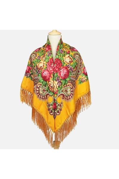 Pursehuit Eșarfă pătrată, galbenă, cu franjuri și imprimeu floral, Anka C1