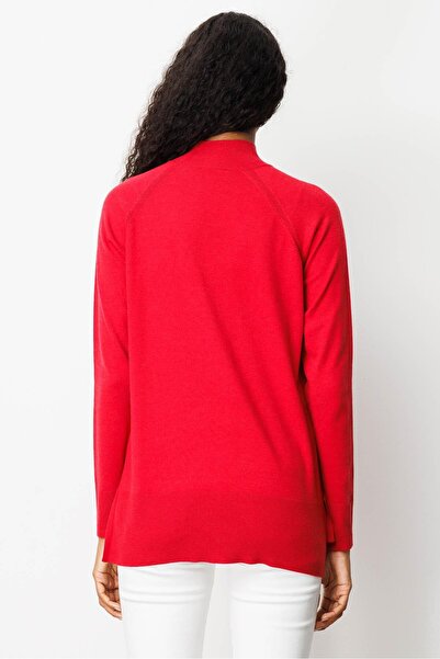 Desen Triko Kadın Yarım Balıkçı Yaka Kolları Yırtmaçlı Kazak K.Kırmızı