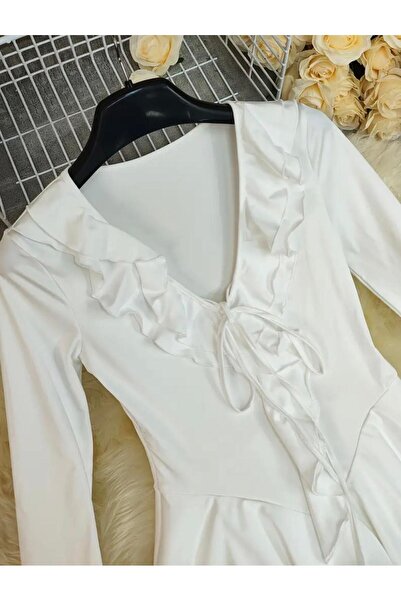 MEGOMEL Women's White Mini Ruffle Detailed Stylish Dress with Lining