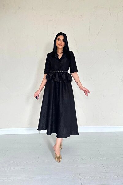 DEAG Black Thin Belted Ruffled Jacket and Gathered Skirt Set