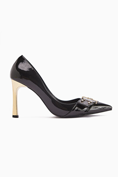 Limoya Sven Black Patent Leather Kemar Detailed Women's Heeled Shoes