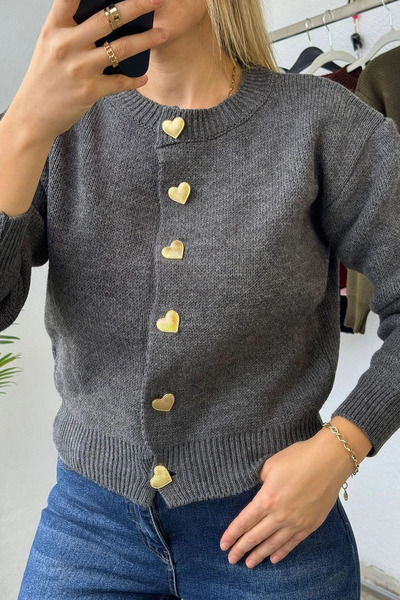 Kubos Moda Серцеподібна кнопка Детальний велосипедний комір Сірий кардиган