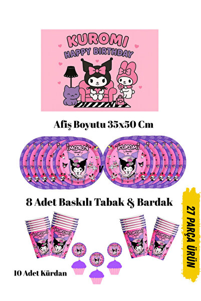HAPPYLOOPPARTY Kuromi Temalı Doğum Günü Tabak , Bardak , Afiş Seti