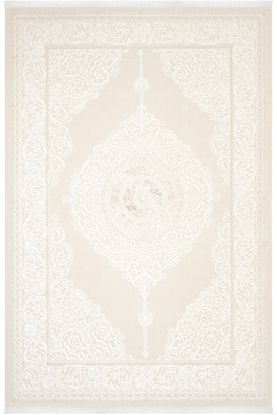 Cool Halı Lena Krem Bej Klasik Göbekli Halı Akrilik Dokuma Lazer Kesim Çerçev...