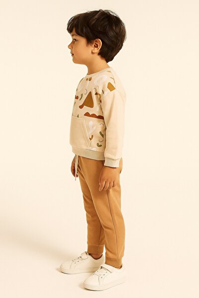 dinamik çocuk 2-6 Years Old Boys' 2-Piece Set Abstract Cloud Patterned Kangaroo Pocket Sweatshirt & Sweatpants