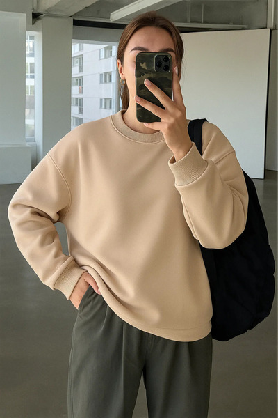 COMBİNE MİCHAİL Hanorac oversize pentru femei, cu decolteu rotund, Stone