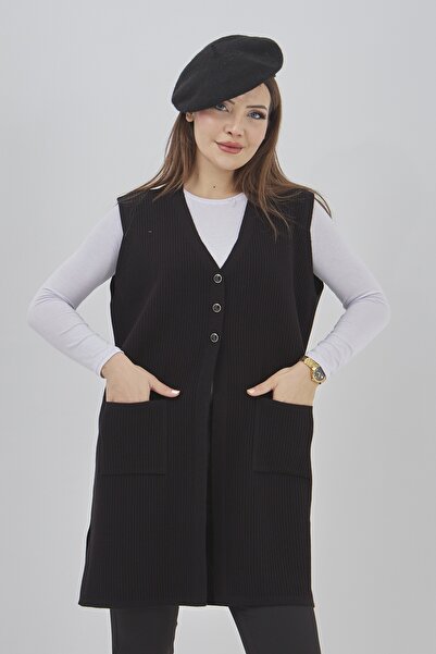 Elçelya Moda Women's Knitwear Stretchy Long Seasonal Buttoned Vest