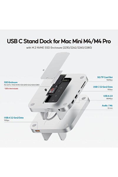Generic قاعدة توصيل Mac mini M4 مع حاوية SSD M.2 سعة 4 تيرابايت، ومحور USB-C عمودي من الألومنيوم 8 في 1