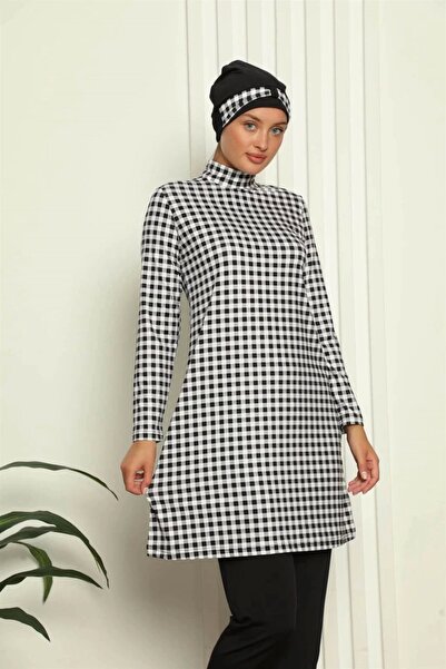 Beruflic Under Moda Full Hijab Digital Patterned Swimsuit Black - White