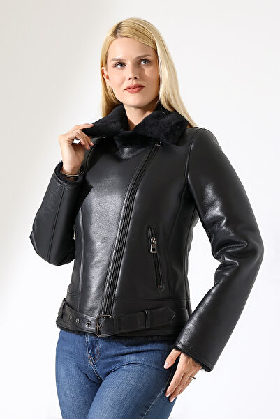 By Marki Marki Kadın Hakiki Deri Mont, Siyah, İçi Kürklü, 60 cm, Kemerli, Klasik