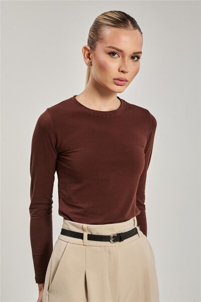 BARRELS AND OIL Body cu mânecă lungă pentru femei guler rotund - Maro amar