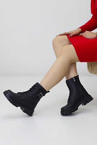 Emax Kadın Siyah Kalın Taban Postal Bot – Fermuarlı Bağcıklı Cepli Tokalı Rahat Günlük Bot