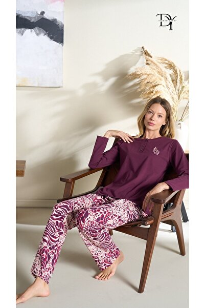 DİĞDEM YAKUT Kadın - Mor Uzun Kollu Düğmeli Alt Üst Pijama Takımı