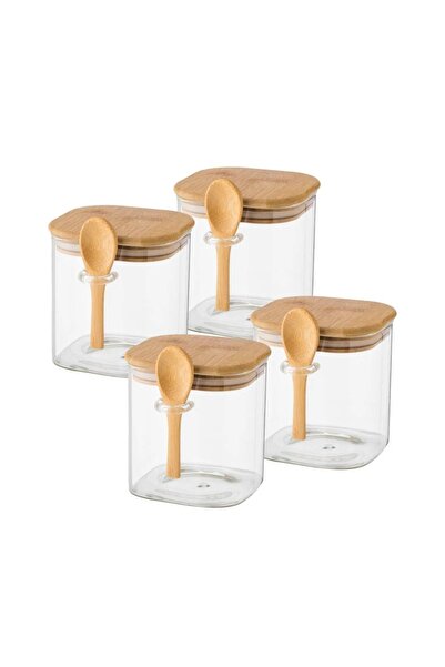 ORIAN مجموعة من 4 قطع من مرطبانات التوابل الزجاجية مع غطاء خشبي وملاعق