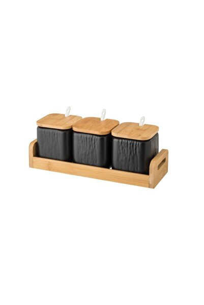 ORIAN 3-piece set of sugar, tea and spice canisters with black porcelain spoons, lid and wooden stand
