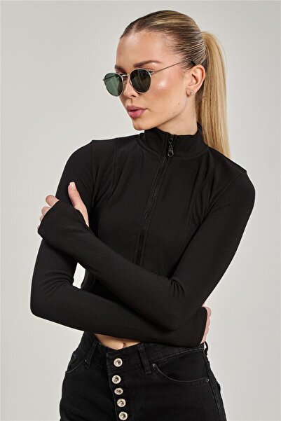 BARRELS AND OIL بدلة نسائية بياقة عالية وسحاب - أسود