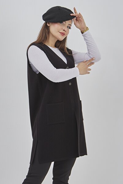 Elçelya Moda Women's Knitwear Stretchy Long Seasonal Buttoned Vest