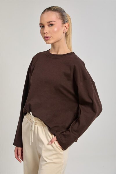 BARRELS AND OIL Kadın Bisiklet Yaka Oversize Sweatshirt - Acı Kahve