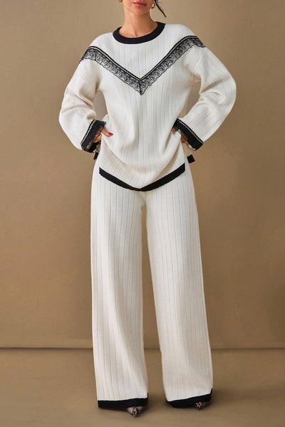 H&E LUXURY DESIGN Women's White Black Lace Detailed Knitwear Double Set