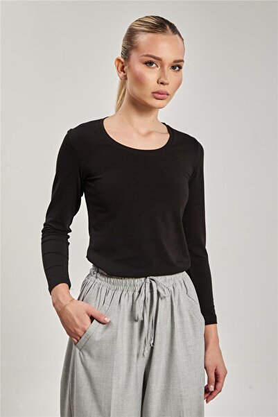 BARRELS AND OIL Body cu mânecă lungă și decolteu în U pentru femei - Negru