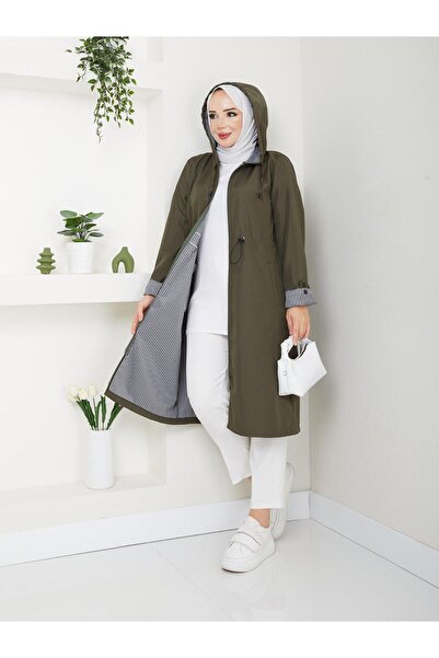 exxitcollection Women's Bondit Fabric Striped Trench Coat Hooded Waterproof Stylish Comfortable