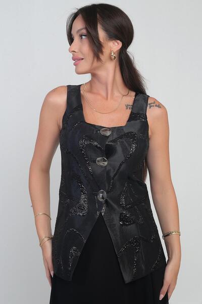 By Saygı Women's Square Neck Lined Jacquard Vest with Metal Buttons