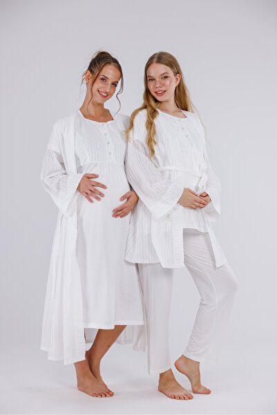 Lohussa Women's Ecru Jacquard Special Design Cotton Short Sleeve Maternity Pajama Set