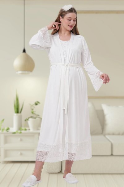 Generic Brand Women's Ecru Lace Detailed Maternity Nightgown Dressing Gown Set
