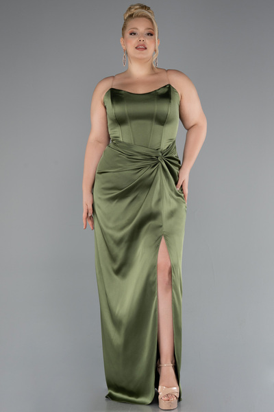 Abiyefon Haki Straplez Yırtmaçlı Uzun Saten Büyük Beden Abiye ABU5179