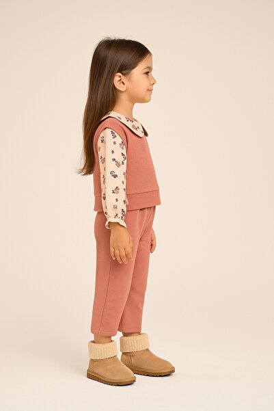 dinamik çocuk 2-6 Year Old Girl's Floral Collar Detailed Ribbed 2-Piece Top and Bottom Set for Seasonal Wear