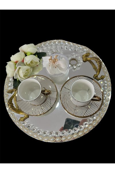 TACİR Set of 2 Gold Striped Luxury Coffee Cups |   Porcelain Turkish Coffee Cup Set