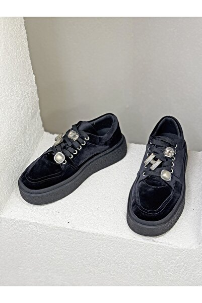 Guja 26K475 TAŞ DETAYLI KADİFE 4CM KALIN TABAN SNEAKER SPOR AYAKKABI KADIN