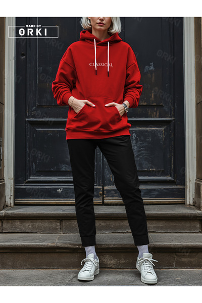 EFFRENATU Women's Red Oversize Hooded Sweatshirt – Classical Digital Print