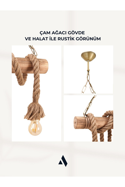 Alldesco Cordela 4’lü Rustik Halatlı Ahşap Avize – Zincir Askılı, Otantik & Dekoratif Tasarım